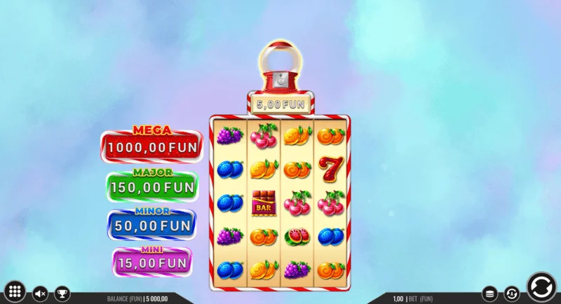 Sweet Candy Cash Stash - žaidimo ekranas su stulpeliais ir valdymo mygtukais